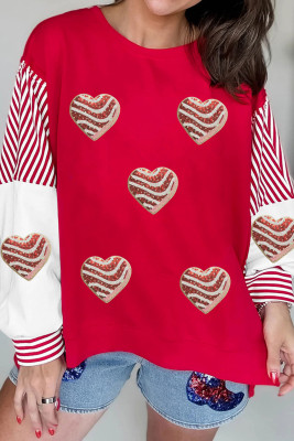Fiery Red Color Block Striped Patchwork Valentines Day Sequin Heart Graphic Sweatshirt LC25321106-P3