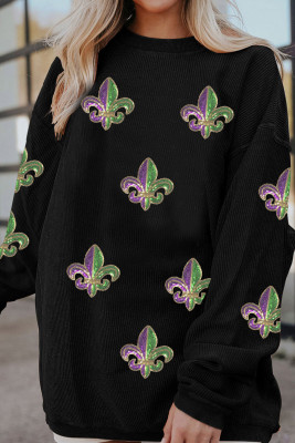 Black Corded Ribbed Sequin Fleur De Lis Graphic Pullover Sweatshirt LC25321104-2