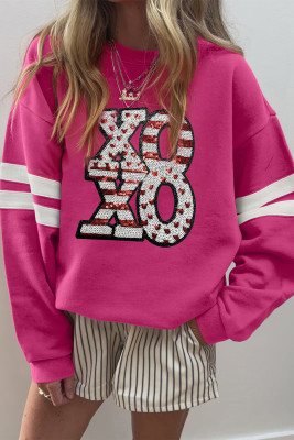 Rose Red Oversized Varsity Drop Shoulder Sequined XOXO Valentine Sweatshirt LC25321121-P6