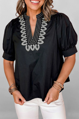 Black Short Puff Sleeve Contrast Embroidered Detail V Neck Blouse LC25134640-P2