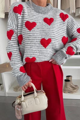 Gray Stripe Contrast Heart Pattern Valentine Knit Sweater LC2727133-P1119