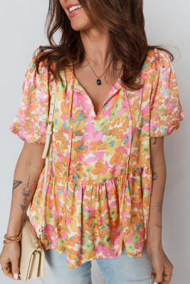 Orange Split V Neck Short Sleeve Flower Blouse LC25135469-P1420
