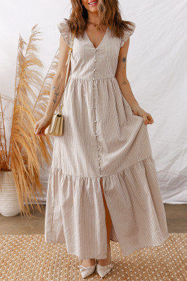 Khaki Stripe Flutter Sleeve Buttoned Front Slit Maxi Dress LC6127415-P1619