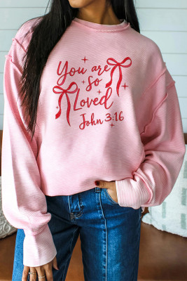 Pink you are so loved Valentines Day Bow Embroidered Graphic Pullover Top LC25136671-P10