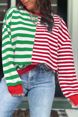 Green Stripe Contrasted Color Block Patchwork Baggy Sweatshirt LC25320830-P919