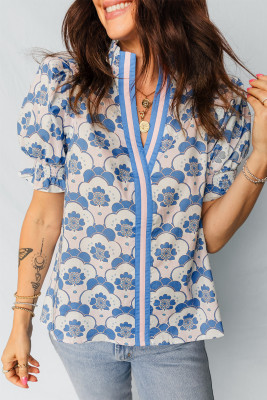 Sky Blue Floral Print Flounced Short Sleeve Contrast Trim V Neck Blouse LC25135375-P420