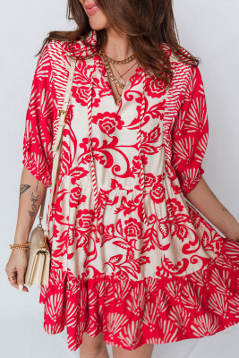 Red Collared V Neck Half Sleeve Loose Flower Mini Dress LC6127378-P10320