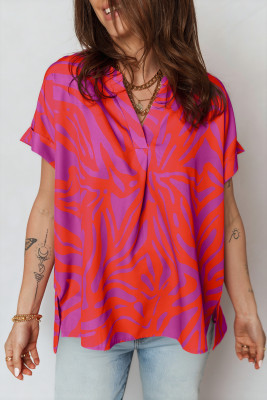 Multicolour Abstract Print V Neck Cuffed Short Sleeve Shift Slit Blouse LC25135473-P22