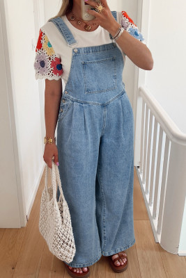 Dusk Blue Pleated Wide Leg Retro Pocketed Denim Jumpsuit LC784974-P704