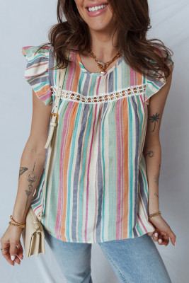 Light Blue Lace Hollow-out Insert Flutter Sleeve Striped Blouse LC25135515-P422