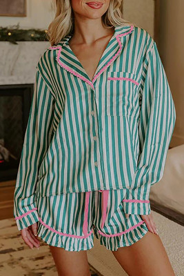 Green Stripe Contrast Ricrac Trim Long Sleeve Shirt Drawstring Ruffled Pajama Short Set LC152088-P919