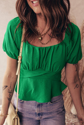 Dark Green Solid Color Ruched Crossed Waist Tied Back Short Sleeve Peplum Top LC25135522-P209