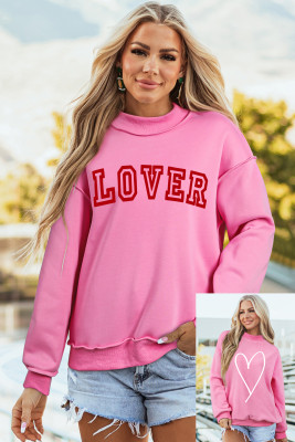 Bright Pink LOVER Heart Script Reversible Print Mock Neck Sweatshirt LC25321083-P106