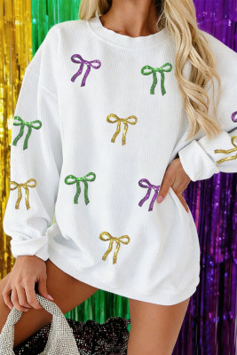 White 3D Ribbed Sequin Mardi Gras Bow Baggy Sweatshirt LC25321243-P1