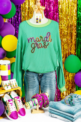 Bright Green Twisted Ribbed mardi gras Sequin Graphic Exposed Seam Patchwork Pullover Top LC25136542-P109
