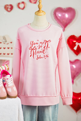 Pink you are so loved Valentines Day Bow Embroidered Graphic Pullover Top LC25136671-P10