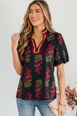 Black Floral Short Bubble Sleeve Contrast Slit Neckline Blouse LC25134665-P220