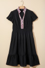 Black Leopard V Neck Patchwork Smocked Waist Plus Size Ruffled Dress