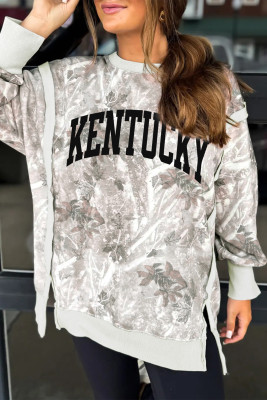 Gray KENTUCKY Raw Seam Detail Leafy Camouflage Baggy Sweatshirt LC25321291-P1120