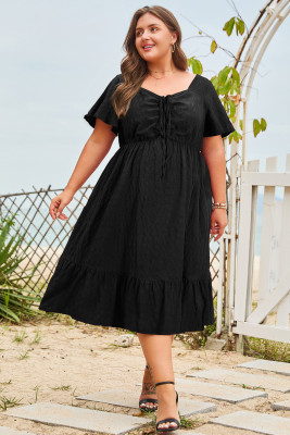 Black Plus Size Short Sleeve Lace-up High Waist Midi Dress PL61649-2
