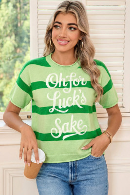 Green Stripe Oh for Lucks Sake St Patricks Day Short Sleeve Sweater LC2771415-P919