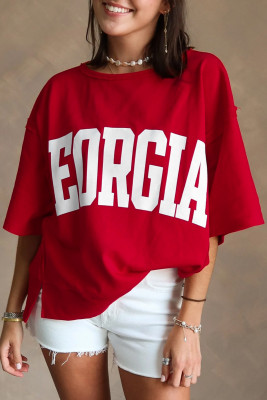 Racing Red GEORGIA Letter Printed Raw Seam Drop Shoulder Loose Tee LC25230747-P603