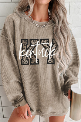 Khaki Kentucky KY Leopard Lettering Ribbed Baggy Sweatshirt LC25321331-16