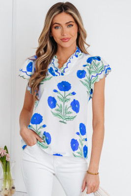 Blue Wild Flower Print Contrast Trim Scallop Detail Short Sleeve Blouse LC25135231-P520