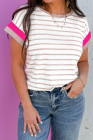 Khaki Stripe Color Block Trim Round Neck Short Sleeve Top