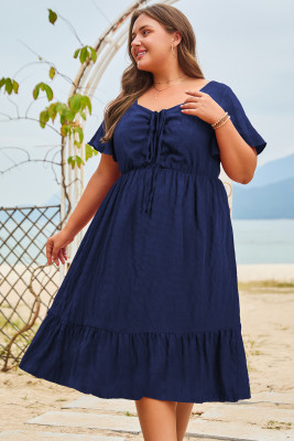 Blue Plus Size Short Sleeve Lace-up High Waist Midi Dress PL61649-5