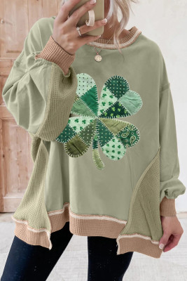 Smoke Green Waffled Color Block St Patricks Day Clover Patched Baggy Sweatshirt LC25321414-P2809