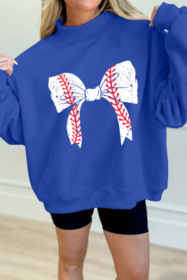 Dark Blue Baseball Large Bow Mock Neck Sweatshirt LC25321436-P5
