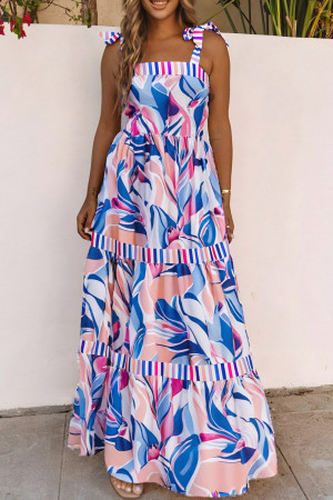 Sky Blue Abstract Print Striped Detail Knot Strap Maxi Dress LC6115583-4