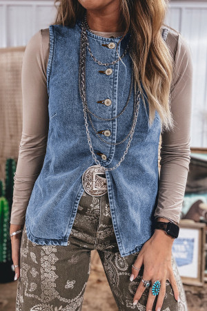 Ashleigh Blue Buttoned Front Slit Denim Vest LC790248-P604