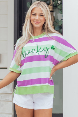 Green Stripe Lucky Clover Embroidered Graphic Dolman Loose Tee LC25230567-P919