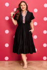 Black Leopard V Neck Patchwork Smocked Waist Plus Size Ruffled Dress