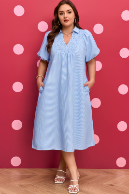 Sky Blue Stripe Shirred Detail Collar V Neck Plus Size Midi Dress PL613511-P419