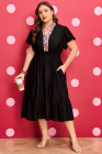 Black Leopard V Neck Patchwork Smocked Waist Plus Size Ruffled Dress
