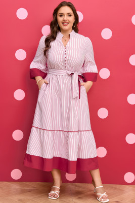 Red Stripe Plus Size Ruffled Hem Pinstriped Midi Dress PL613598-P319