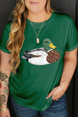 Dark Green Faux Patchwork Mallard Duck Plus Size Graphic Tee PL2522052-P209