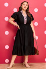 Black Leopard V Neck Patchwork Smocked Waist Plus Size Ruffled Dress