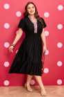 Black Leopard V Neck Patchwork Smocked Waist Plus Size Ruffled Dress