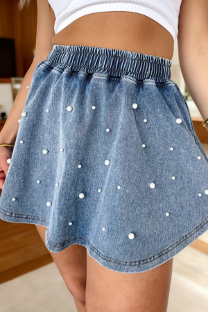 Ashleigh Blue Denim Pearl Embellished Elastic Waist Mini Skort LC7832278-P604
