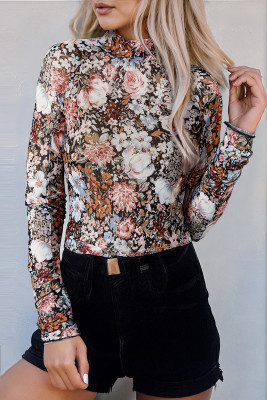 Brown Floral Long Sleeve High Neck Sheath Mesh Blouse LC25128308-P1720