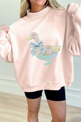 Apricot Pink Bow Knot Duck Faux Patchwork Printed Mock Neck Sweatshirt LC25321496-P2010