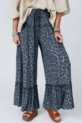 Gray Wild Leopard Print Frilled Detail Drawstring Wide Leg Pants LC7714415-P1120