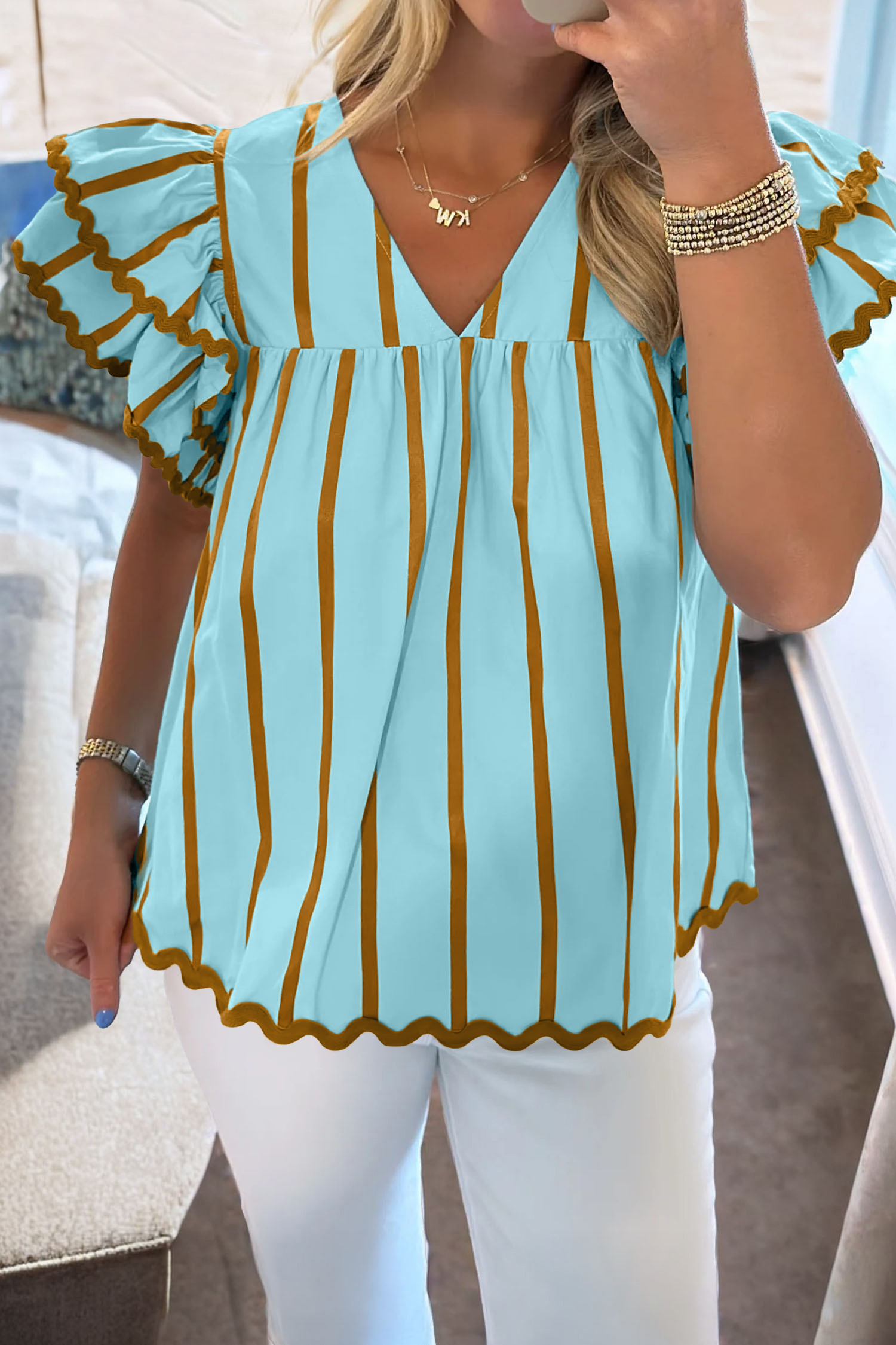 US$ 10.06 Drop-shipping Sky Blue Stripe Ricrac Trim Double Ruffled ...