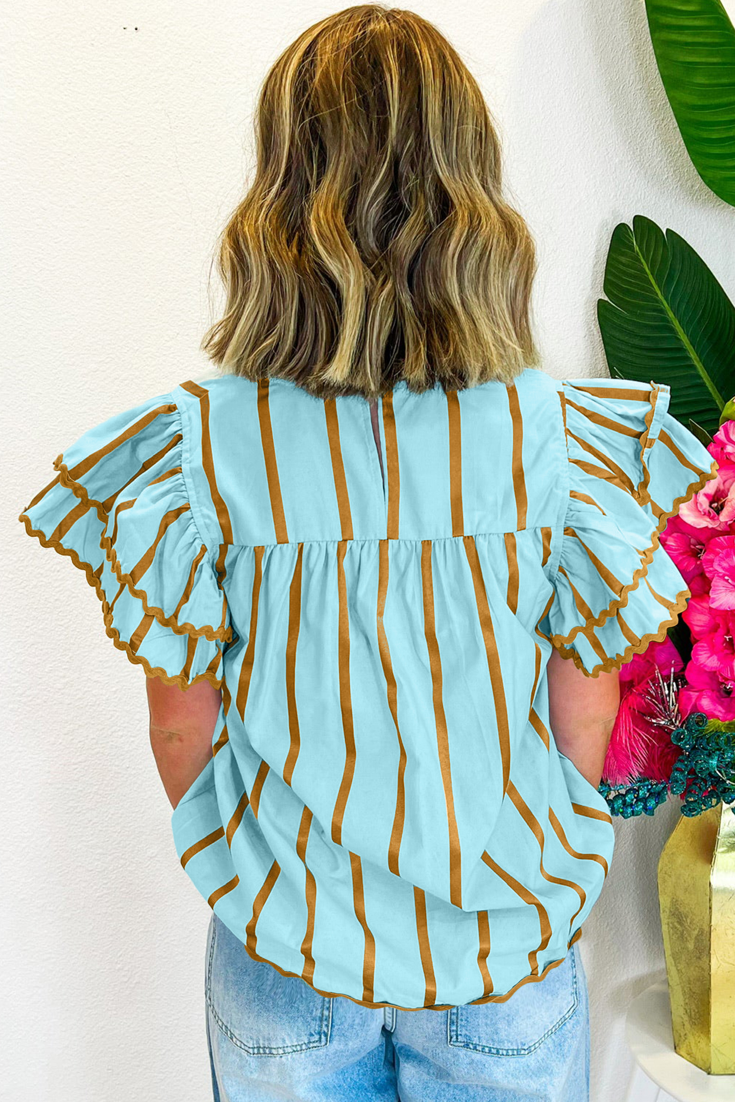 US$ 10.06 Drop-shipping Sky Blue Stripe Ricrac Trim Double Ruffled ...