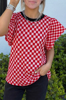 Red Checkered Print Ruffle Short Sleeve Contrast Trim Round Neck Top LC25230262-P322