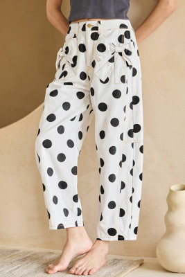 White Polka Dot Print Bow Detail Pocketed Jeans LC7876467-P1